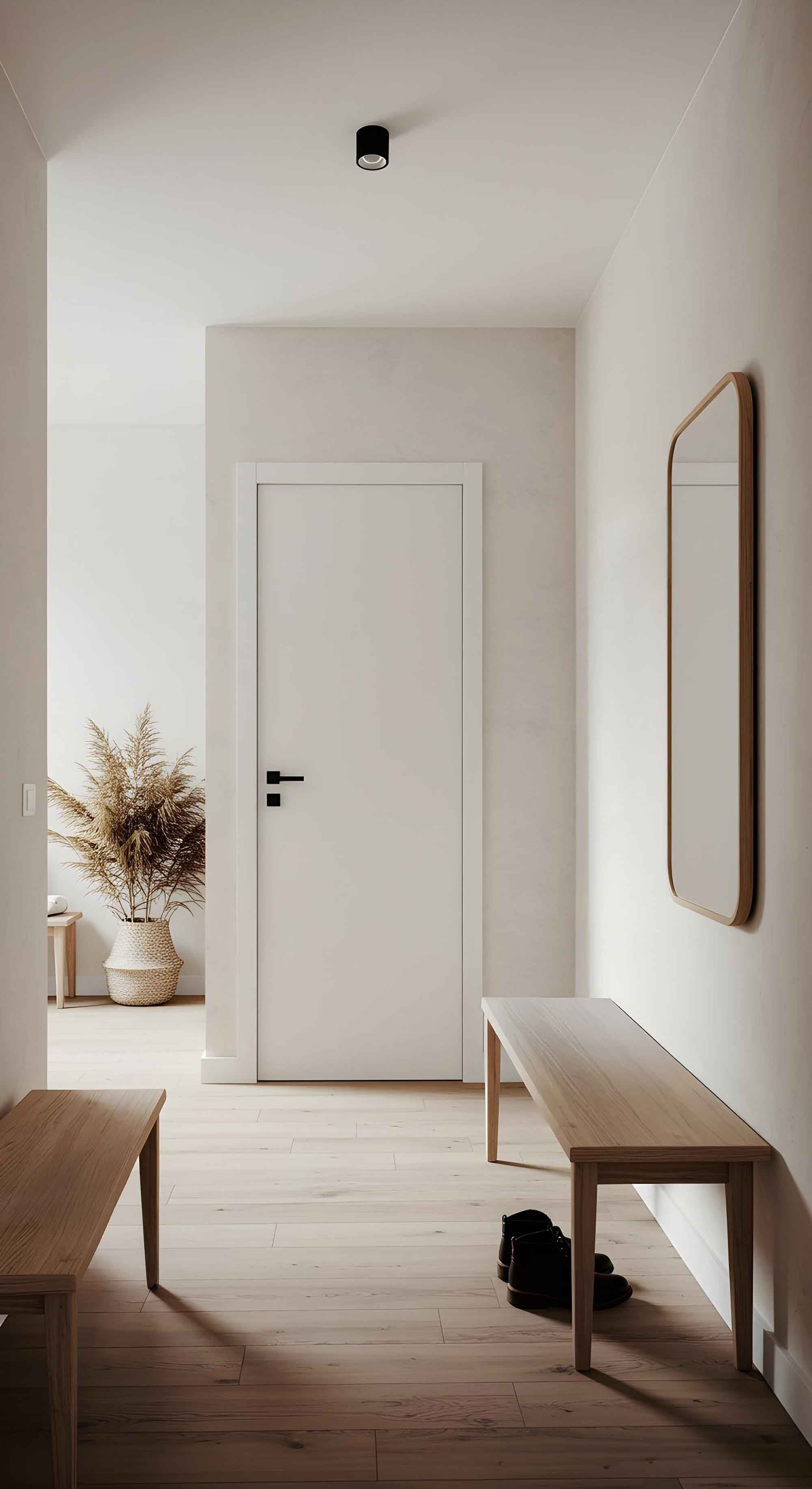 Interior minimalista del pasillo con banco de madera y espejo en torre-del-mar